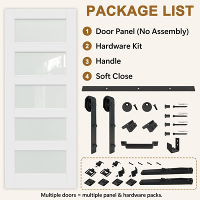 Porte de grange coulissante à 5 carreaux en verre trempé dépoli blanc apprêté, 80 po H x 36 po L, avec trousse de quincaillerie d'installation, fermeture en douceur, aucun assemblage requis (1 porte)