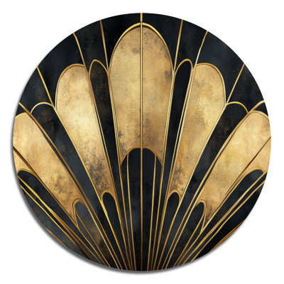 Golden Fan Geometry - Abstract Art Deco Round Metal Wall Art
