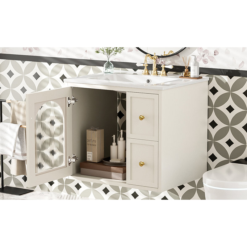 Ensemble de meuble-lavabo mural 24 po pour petit espace, armoire de salle de bain avec lavabo en céramique, 2 tiroirs et 1 porte à fermeture en douceur