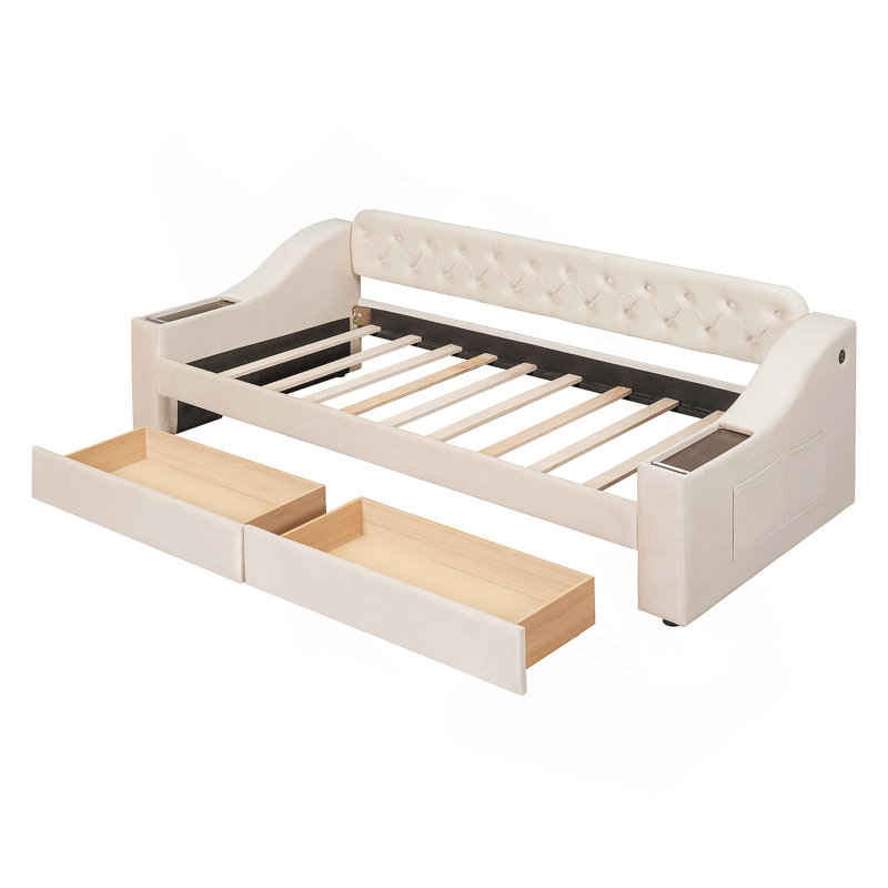 CanapÃ©-lit rembourrÃ© avec accoudoirs de rangement et port USB, Beige