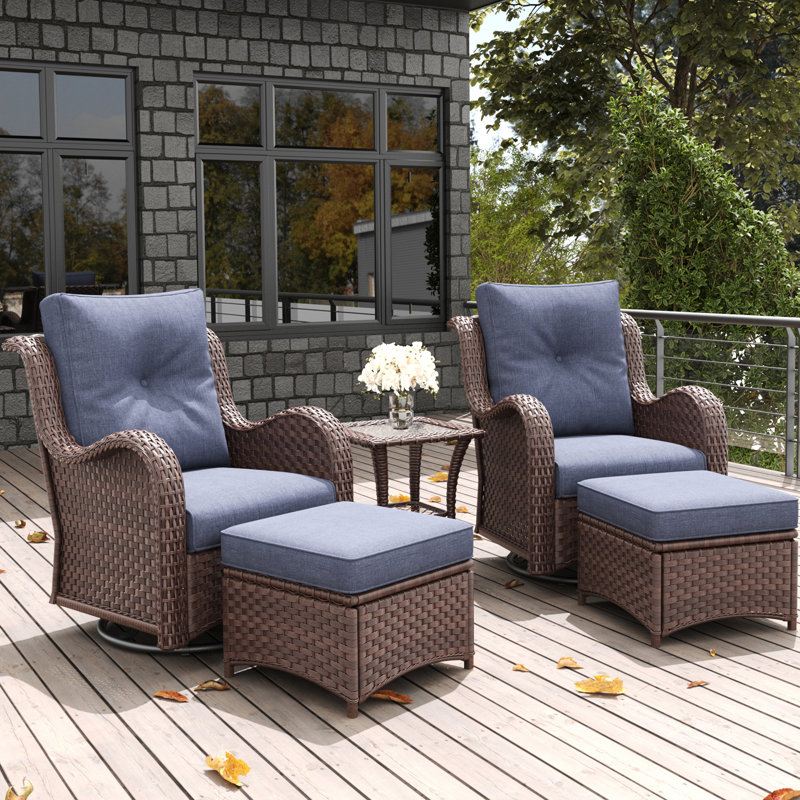 LayinSun 5 Piece Outdoor Wicker Swivel Chair With Ottoman, Brown, Navy