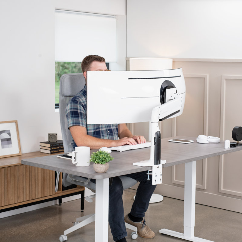 White Aluminum Ultrawide Monitor Desk Mount with Pneumatic Arm