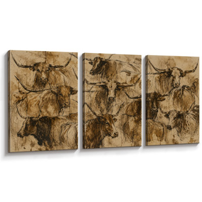 Vintage Longhorn Cattle Portrait Collection Western Artwork, Office Pictures, Giclee Print 3 Pieces Wall Art - 24"x36"x3pcs