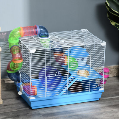 Aire de jeu bleue de 45 cm (18 po) pour hamsters et souris, avec roue et biberon. Parfait pour créer un espace de vie confortable et amusant.