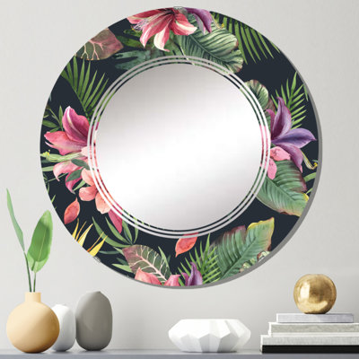Fleurs tropicales mauves avec feuilles vertes II - miroir mural rond tropical
