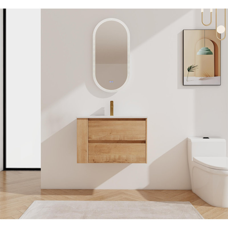 Meuble-lavabo mural moderne 30 po avec lavabo en céramique et tiroirs à fermeture en douceur, Chêne brun