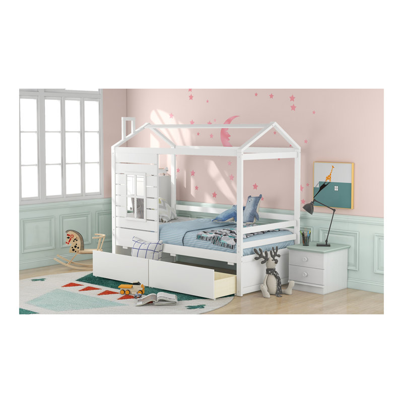 Lit simple en bois avec deux tiroirs (blanc)