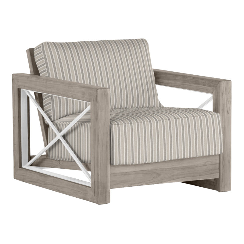 Malta Teak Outdoor Lounge Chair, Oyster Teak/Brushed Stainless, No welt + Standard fill, Perigold Piccadilly Stripe Ash