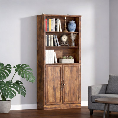 70.1" Tall Bookshelf with Cabinet, 5-Tier, Adjustable Shelves