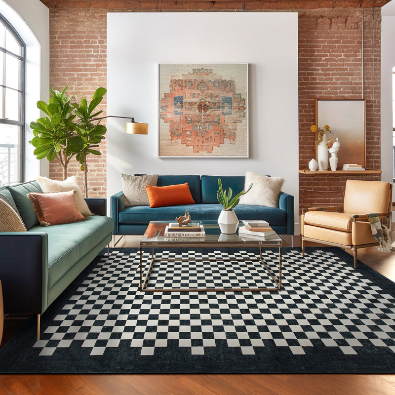 Tapis contemporain à bordure à carreaux lavable et antidérapant, Rectangle 3 pi 3 po x 5 pi