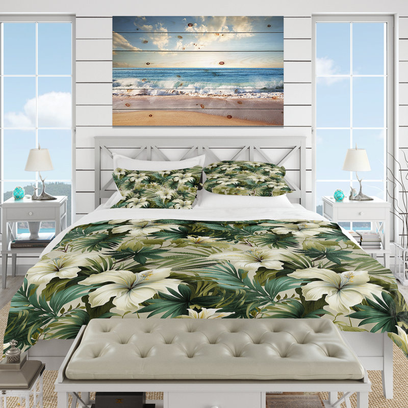 Literie discrète à motif tropical Tropics II, Housse de couette pour grand lit et 2 taies décor