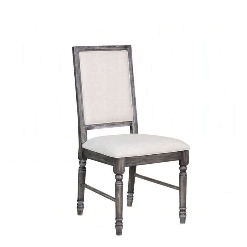 Ensemble de 2 chaises d'appoint classiques grises, siège et dossier rembourrés en lin crème, structure en bois avec pieds tournés, pour rafraîchir votre salle à manger.