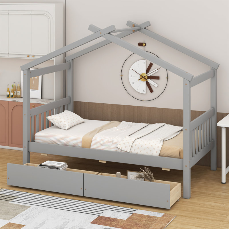 Wooden House Bed with Drawers, Gray