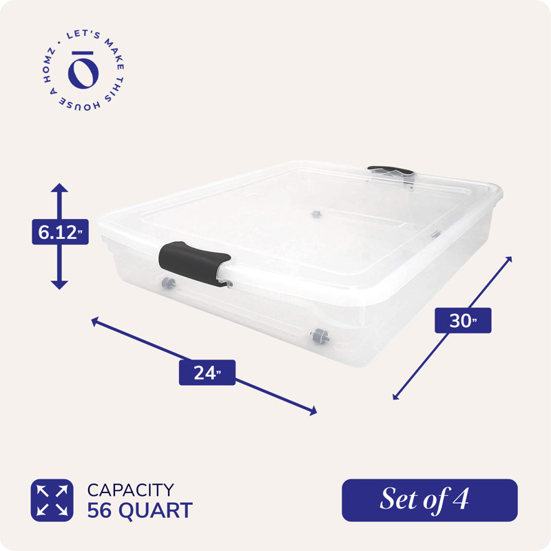 Homz Underbed Secure Latching Clear Plastic Storage Container, 56 qts., 4, Clear/Black