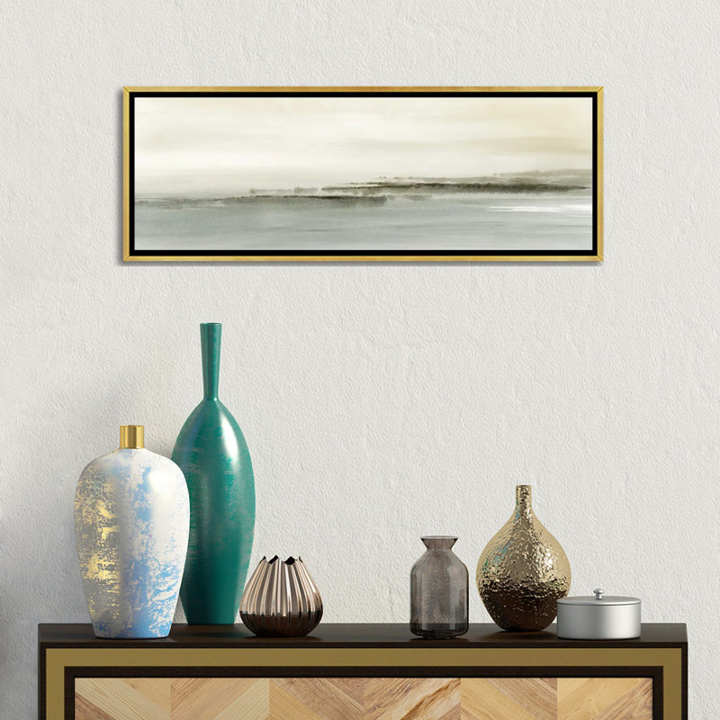 «Abstract Field Landscape Panoramic In Neutral Green», reproduction d'art encadrée, H 12 po x l 36 po, Doré