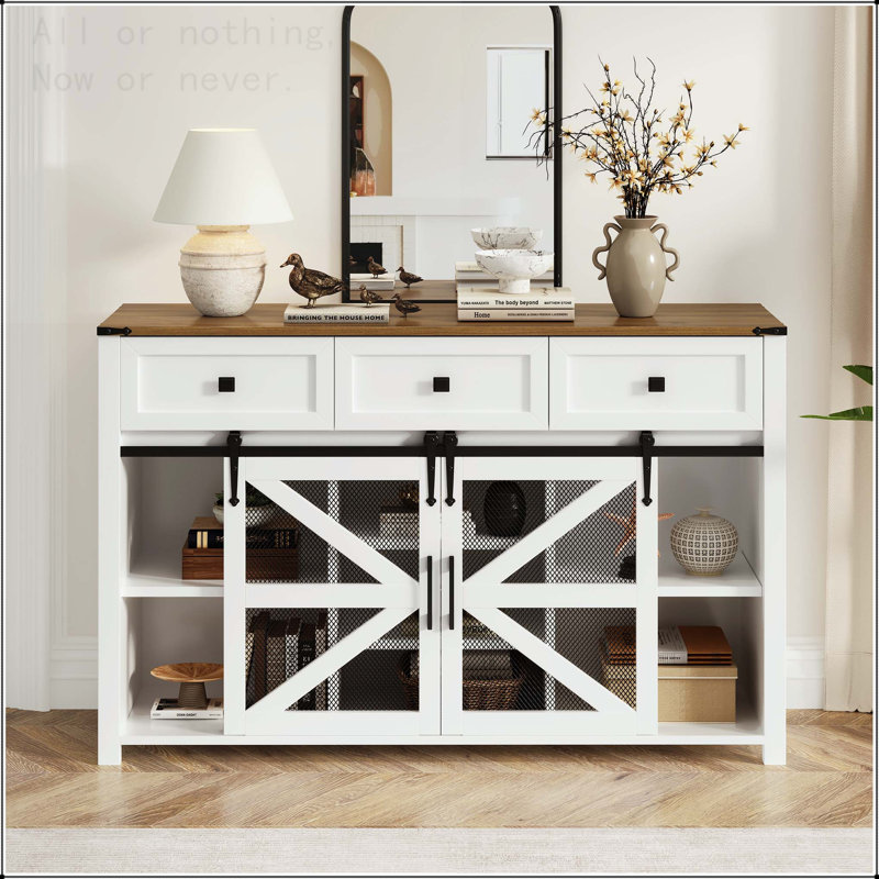 Buffet coulissant avec porte de grange en métal et tablettes réglables, Blanc