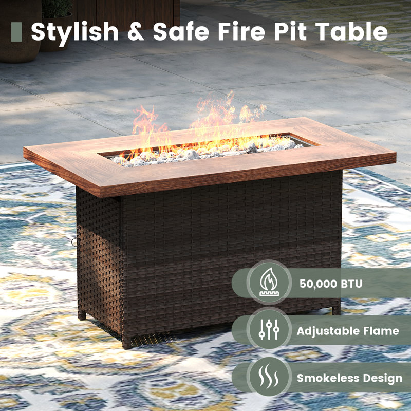 Eldert 7-Person Outdoor Conversation Set with 3-seat Sofa, Sofa Chairs, Swivel Rocking Chairs, Rattan Firepit Table, and Ottomans