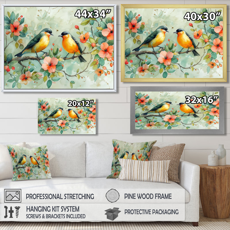 Fleurs jaunes et vertes d'Eden Birds I - oiseau, art mural dans le salon, Toile tendue, H 12 po x l 20 po x P 1 po