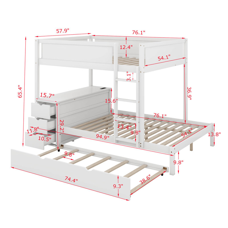 Bunk Bed With Desk, Storage Drawers And Trundle, Full Over Full, White
