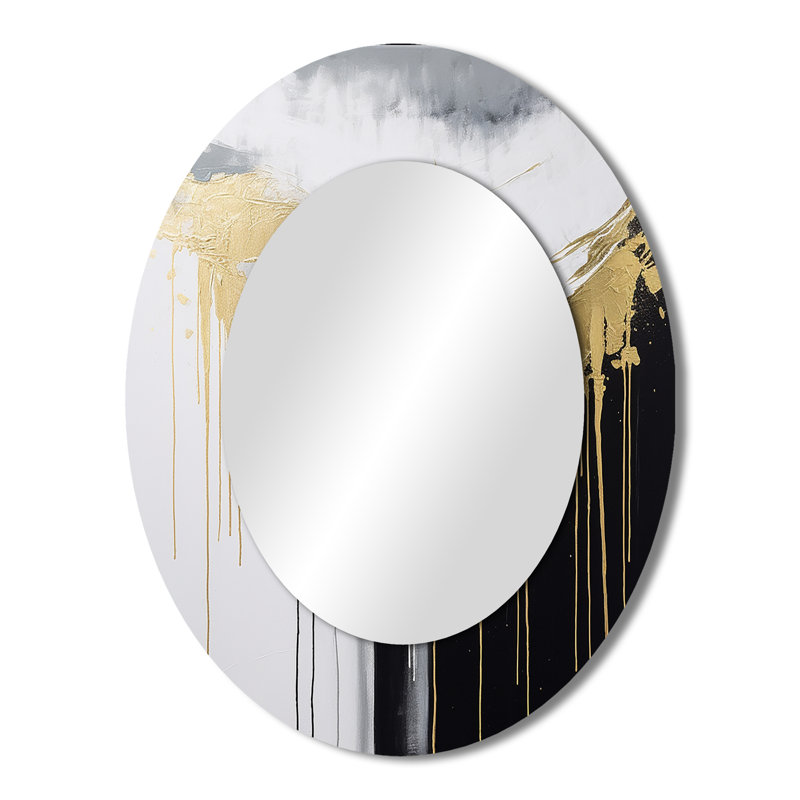 Golden River Wildness abstrait doré et noir III - Miroir décoratif abstrait ovale sur métal, 43 po x 33 po