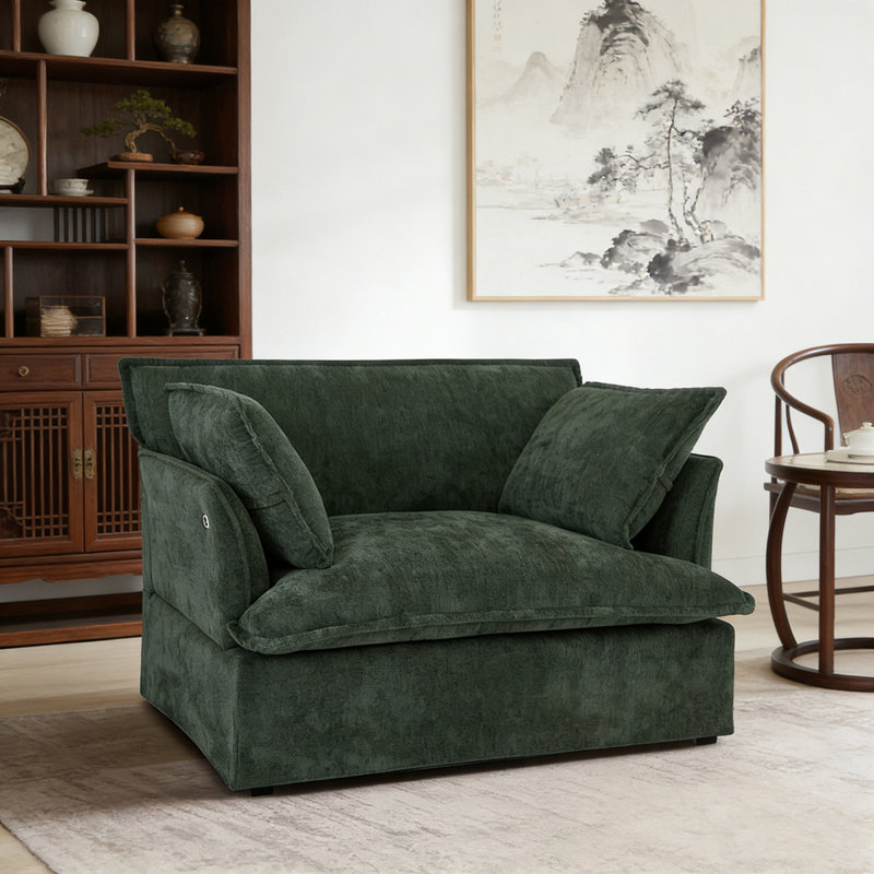 Canapé simple avec coussins décoratifs, assise profonde et large, Vert