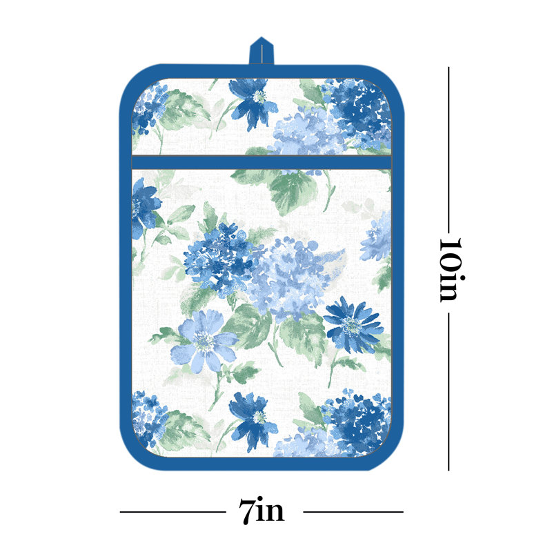Blue Green Floral Cotton Oven Mitt and Pot Holder Set