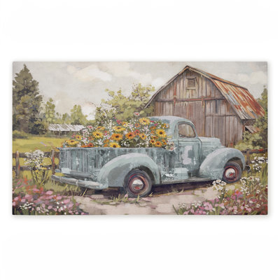 Tapis de porte d'extérieur vintage imprimé camion avec fleurs, par Nina Blue, 18 po x 30 po