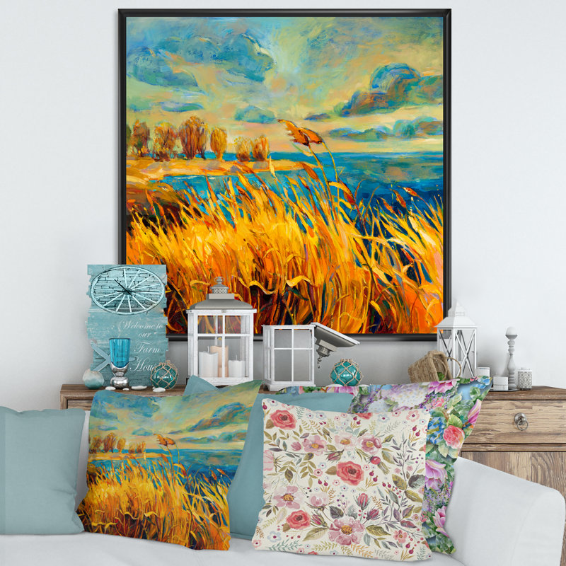 «Vibrant Sunset over Lake», peinture sur toile, H 16 po x l 16 po x P 1 po, Cadre flottant noir