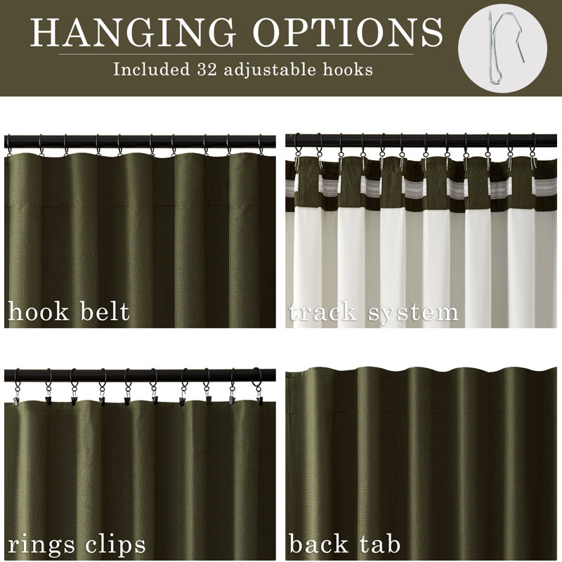 Dennan 100% Blackout Thermal Insulated Linen Drapes with Back Tab & Hooks, Olive Green, 52" W x 108" L