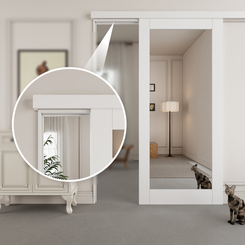 80" Hidden Style Track White Primed 1-Lite Frosted Glass Sliding Barn Door With Hardware Kit（No Assembly Required）, 36" x 80"