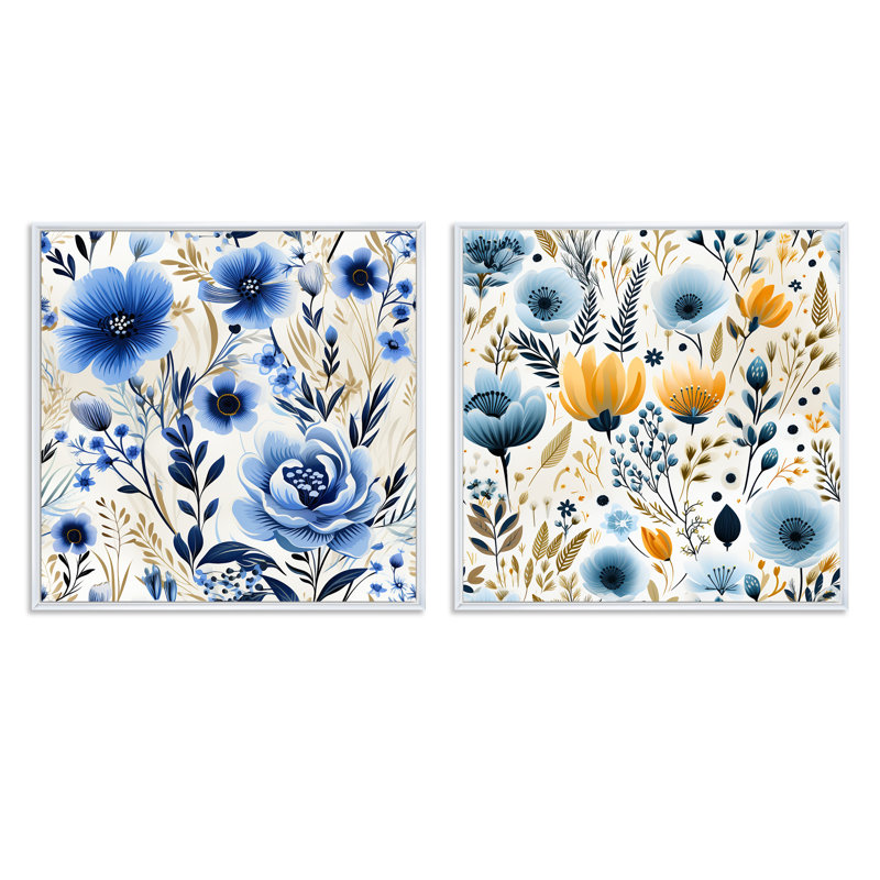 Blue Boho Chic Floral Motif II - ensemble de collage abstrait botanique carré de 2, H 16 po x l 33 po, Cadre flottant blanc