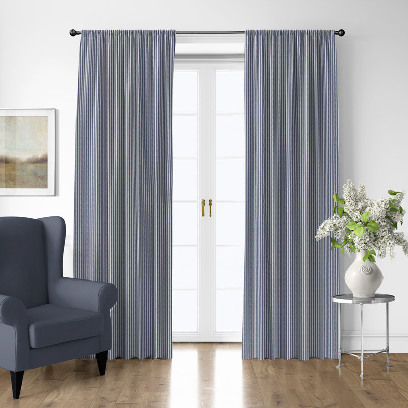 Walker Ticking Stripe Indigo/White Cotton Simple Top Pocket Drapery Panel Set of 2, 50" W x 60" L