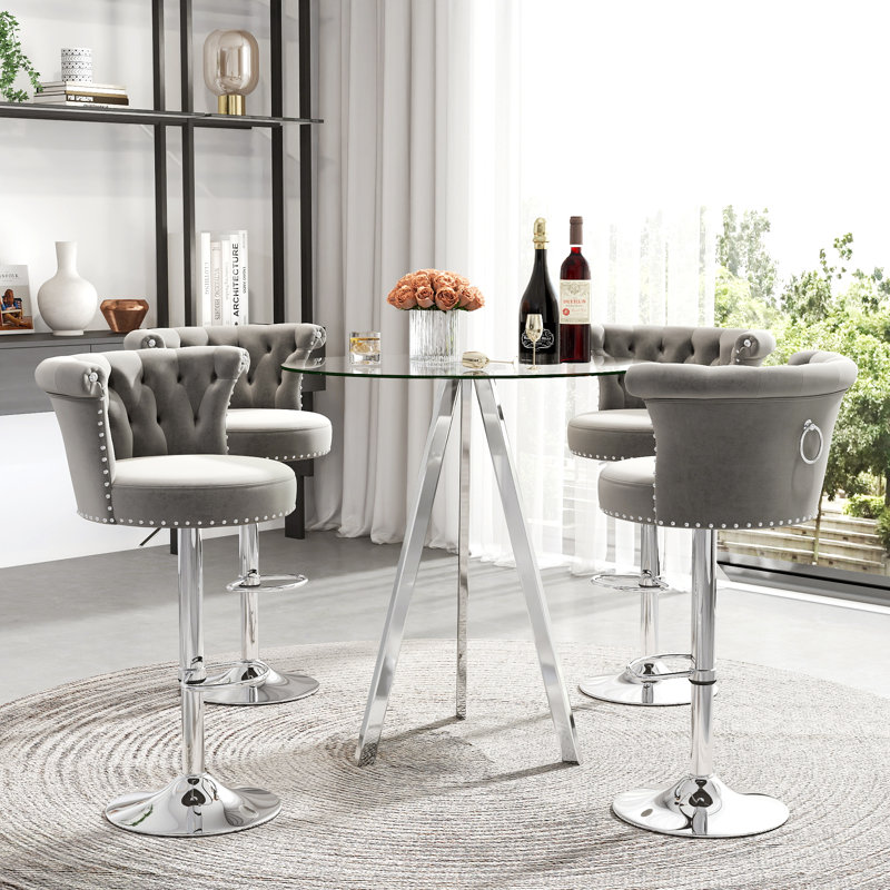 Ensemble de table de bar ronde en verre réglable en hauteur et tabourets de bar sur pattes en velours, Gris