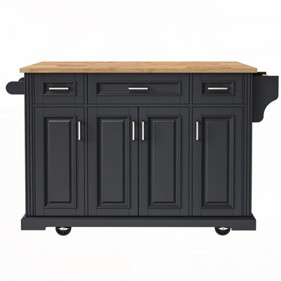 54Inch Large Kitchen Island With Rubber Wood Drop Leaf, Embossed Texture Rolling Kitchen Cart On 4 Wheels With 4 Doors And 3 Drawers, Kitchen Island W by Ophelia & Co.