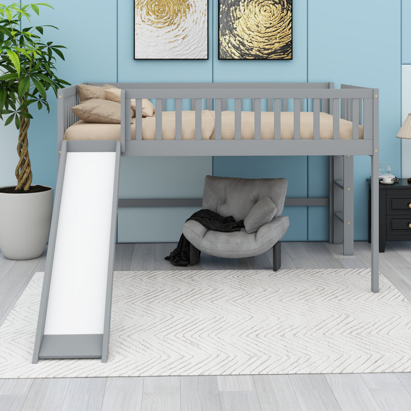 Solid Wood Floor Loft Bed With Slide And Ladder, Gray
