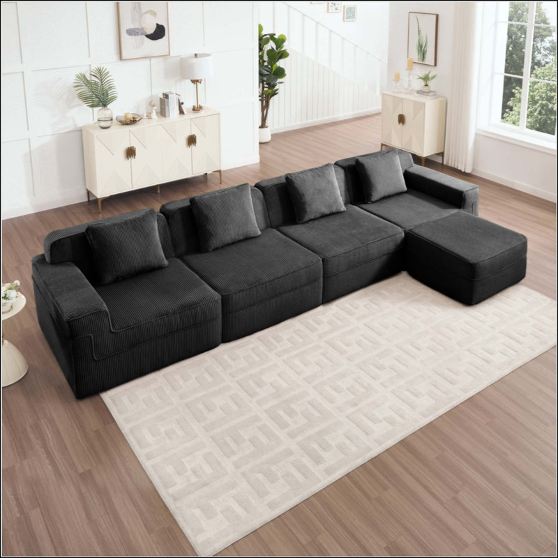 Canapé modulaire modulaire en L à 4 places sans os, canapé modulaire Cloud avec assise profonde, canapé modulaire moderne à 4 places avec coussins décoratifs et 1 repose-pieds mobile, tissu en velours côtelé