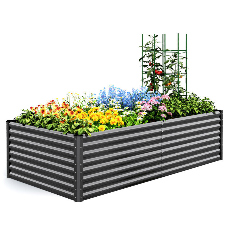  8x4x2 ft Heavy Duty Raised Garden Bed Galvanized Steel Metal Deep Planter Box with 2 Tomato Cages for Outdoor Gardening White