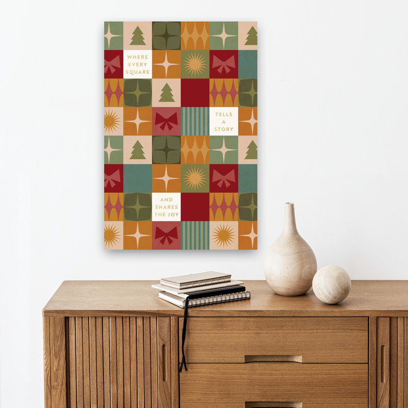 Retro Christmas Squares Abstract Colorful Geometric Christmas Tree Winter Landscape Wall Art Print 1 Piece Wrapped Canvas Wall Art