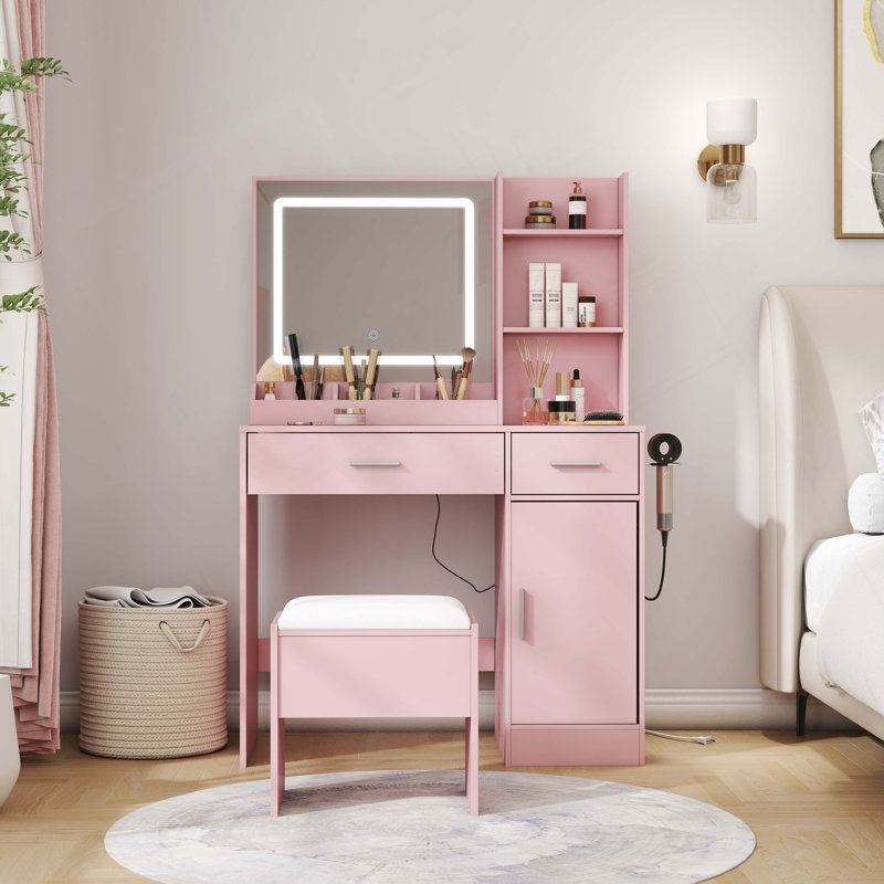 Lavin Makeup Vanity Set, Vanity Desk With Stool, LED Light Mirror And Charging Station, Pink