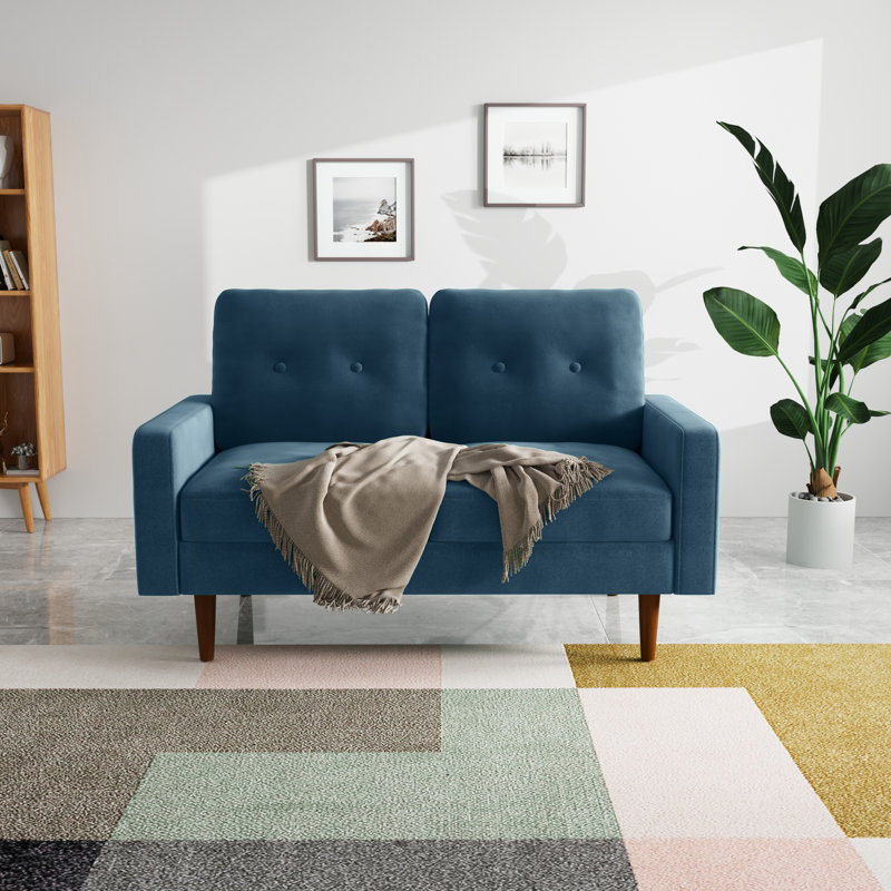 Madian Velvet Sofa, Prussian Blue Velvet, 32.7" H x 70" W x 30" D