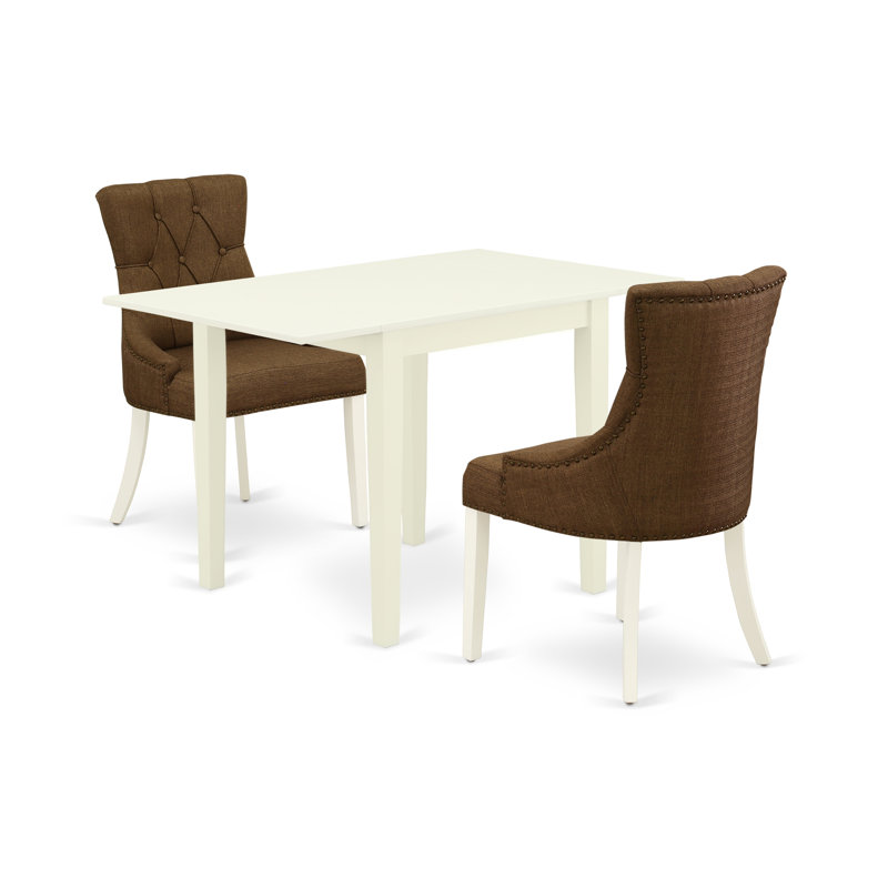 L'ensemble de salle à manger 3 pièces contient une table de salle à manger rectangulaire avec Dropleaf et 2 chaises Parson rembourrées en lin brun, lin blanc