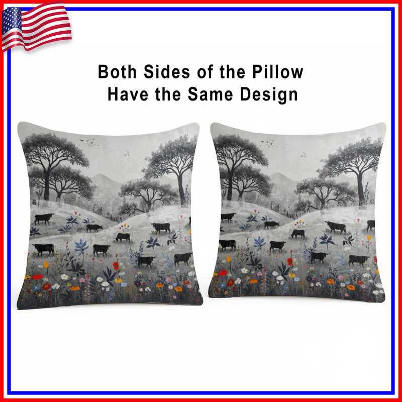 Cows in Black White Landscape - Coussins décoratifs double face, 14 X 14 pouces