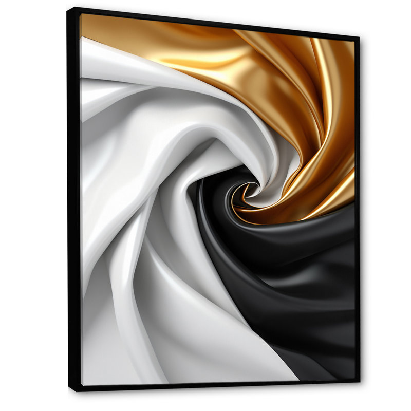 Liquide, spirale abstraite, or, noir et blanc - formes abstraites sur toile, H 32 po x l 24 po x P 1 po, Cadre flottant noir