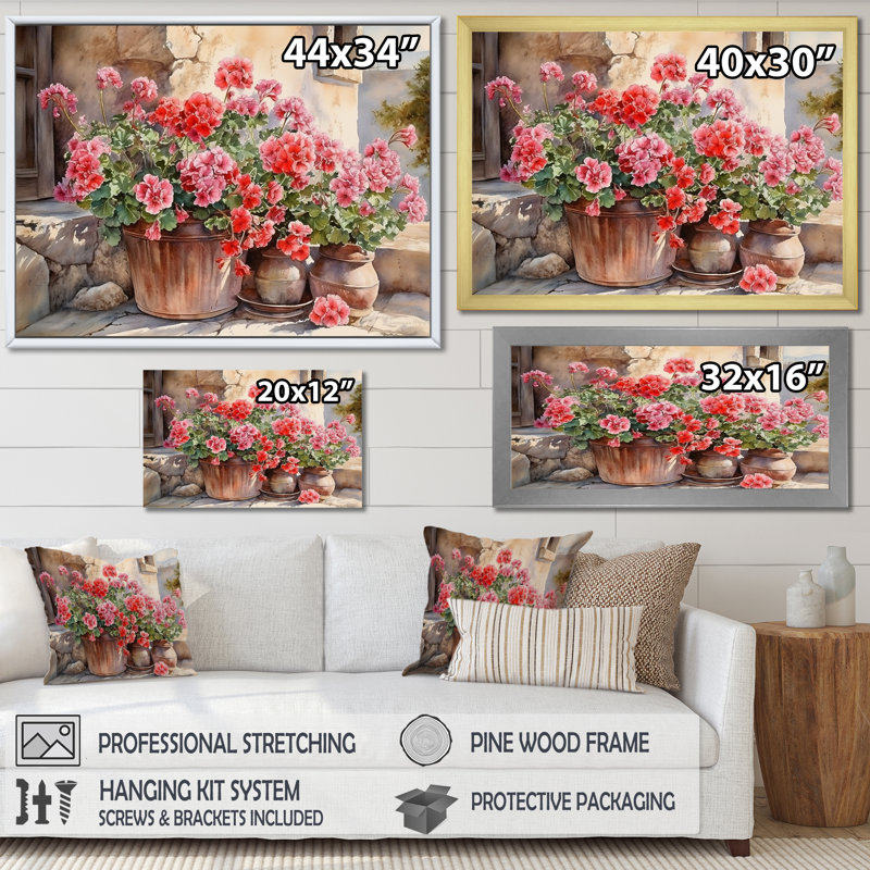 Poteries Geraniums Sunset - impression, H 24 po x l 32 po x P 1 po, Cadre simple blanc