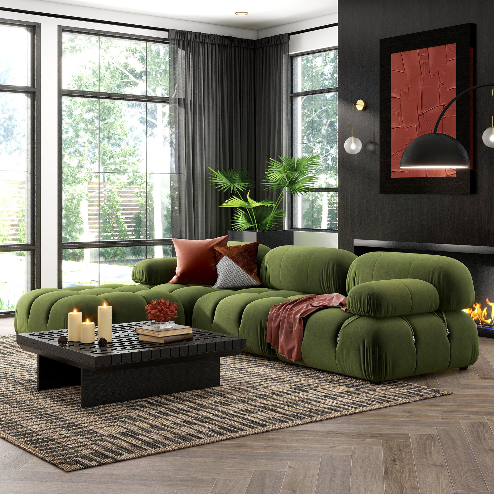 Reva Upholstered Ottoman, Olive Green Velvet