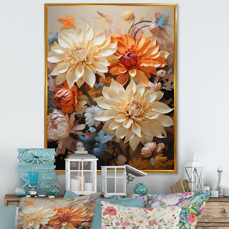 Yaleska Chrysanthemums Autumn Gold Patchwork I, H 40 po x l 30 po x P 1,5 po, Cadre flottant doré