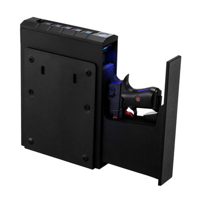 3 - Way Quick Access Handgun Safe, Fingerprint Password Key, Slider With Lighting For 1 & Magazine, Mounted Car Desk Nightstand, Black Q235 Metal, 16.75in Depth, 11.87in Width, 5.56in Height, 11.07lb