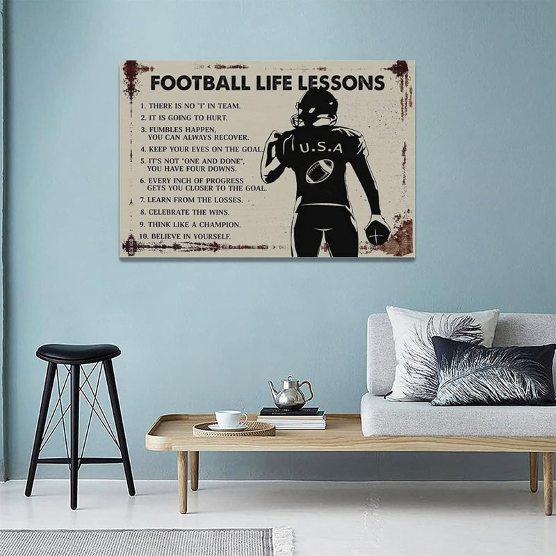 Football Wall Art Football Life Lessons Pictures Wall Decor Inspirational Sports Canvas Painting Prints Artwork Framed for Bedroom Player 24"x16"