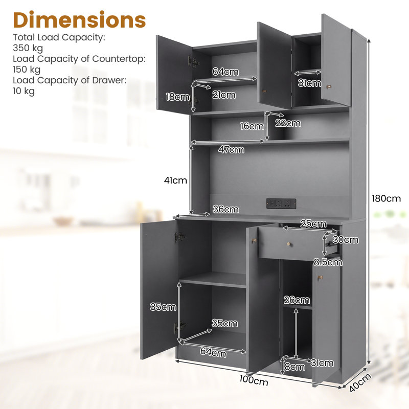 180cm Kitchen Pantry, Grey