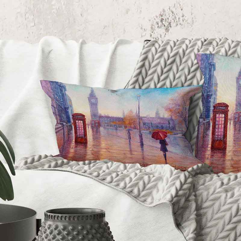 Rectangle, Big Ben et femme avec un parasol rouge à Londres - Coussin décoratif imprimé campagne française